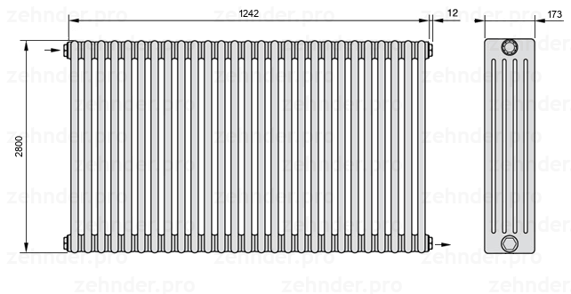 Схема (чертеж) Радиатор Zehnder Charleston 5280/27 №1670 Белый глянцевый RAL 9016